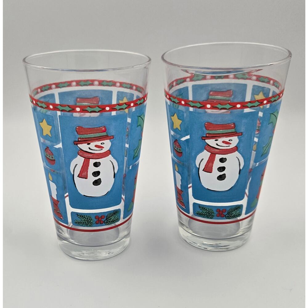 Two Libbey Holiday Stamp Snowman Holiday Tumblers
